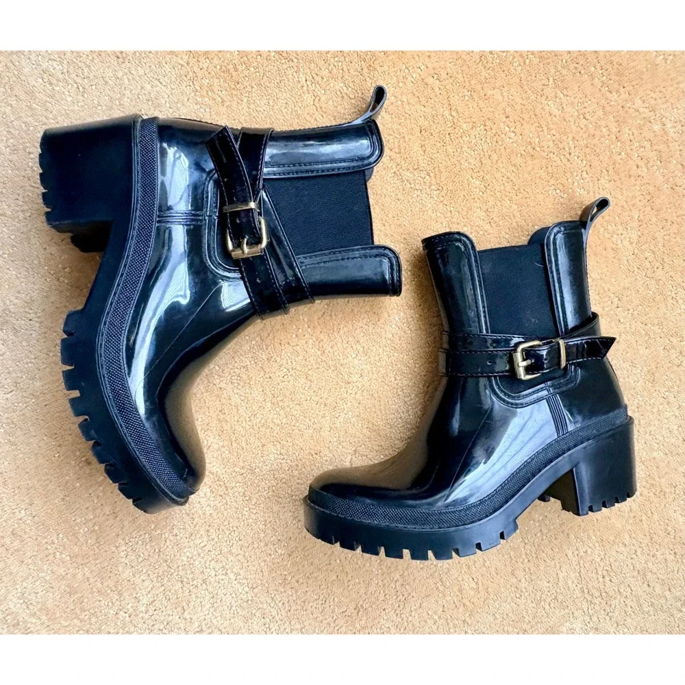 Unbranded Women's Black Glossy Rubber Buckle Ankle Rain Boots Chunky Heel Size 7